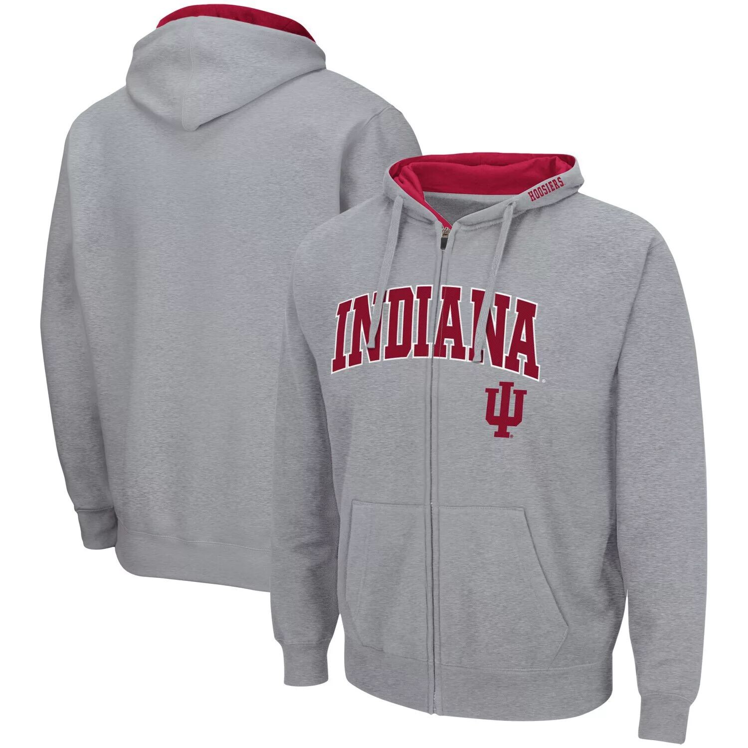

Мужская толстовка с капюшоном на молнии во всю длину, серая с принтом Indiana Hoosiers Arch & Logo 3.0 Colosseum, Серый