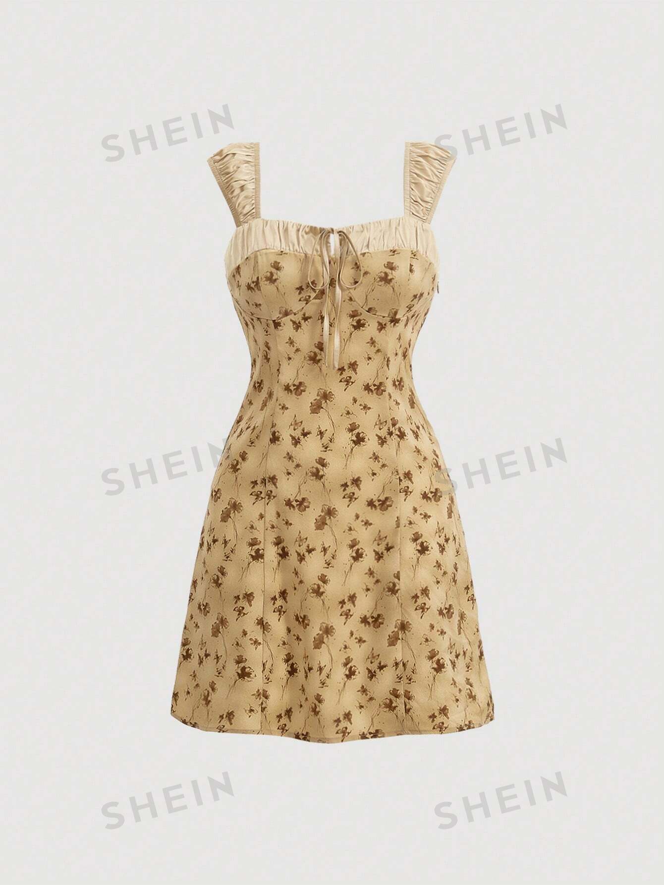 SHEIN MOD Винтажное желтое лоскутное платье с цветочным принтом из разных материалов, многоцветный цена и фото