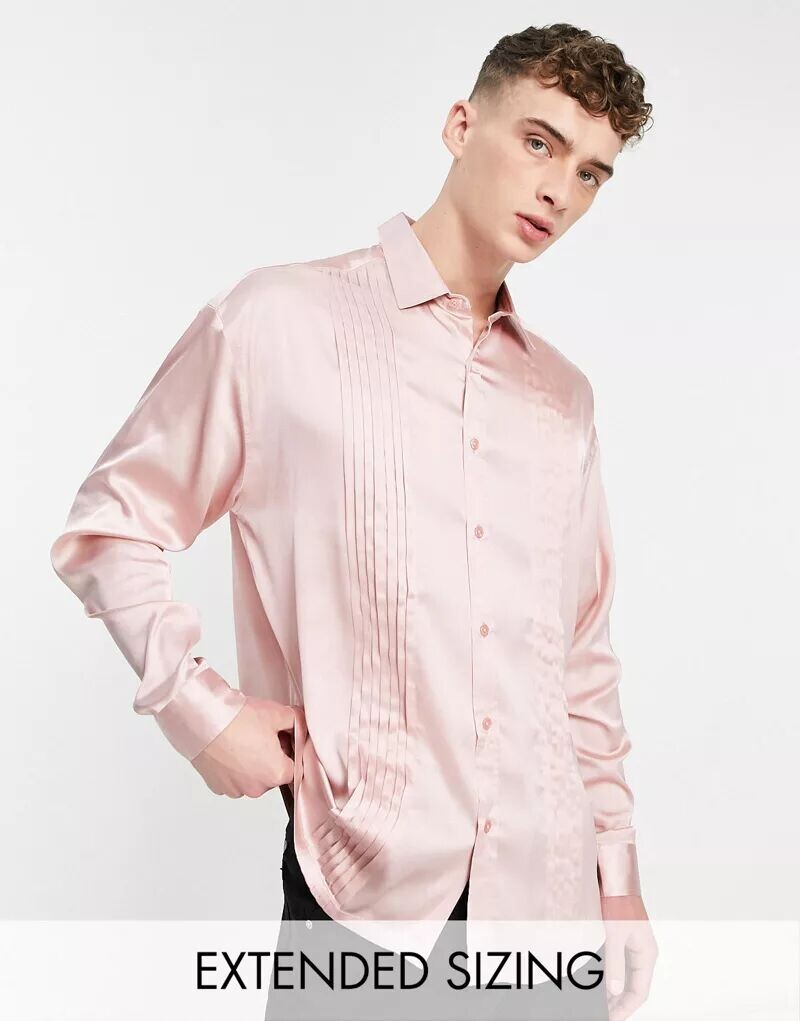 

Розовая атласная рубашка оверсайз со складками спереди ASOS