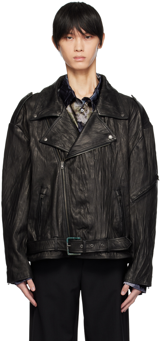 Черная кожаная жатая куртка Acne Studios кожаная куртка system studios размер 36 бежевый