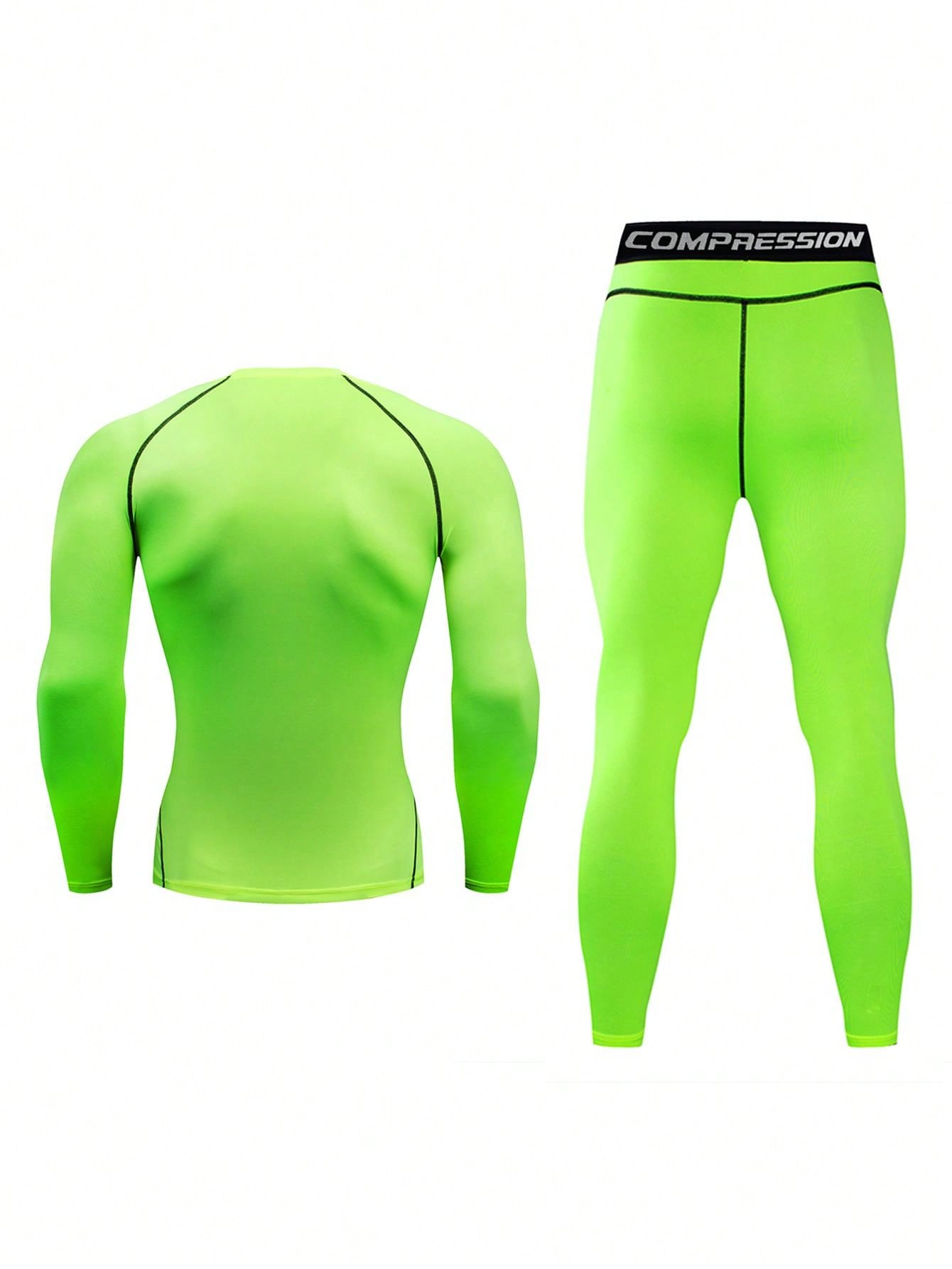 Мужской компрессионный топ с длинными рукавами и длинные брюки для фитнеса и бега, зеленый женский топ для йоги эластичный свободный с длинными рукавами спортивный топ женская дышащая футболка для фитнеса бега фитнеса йоги