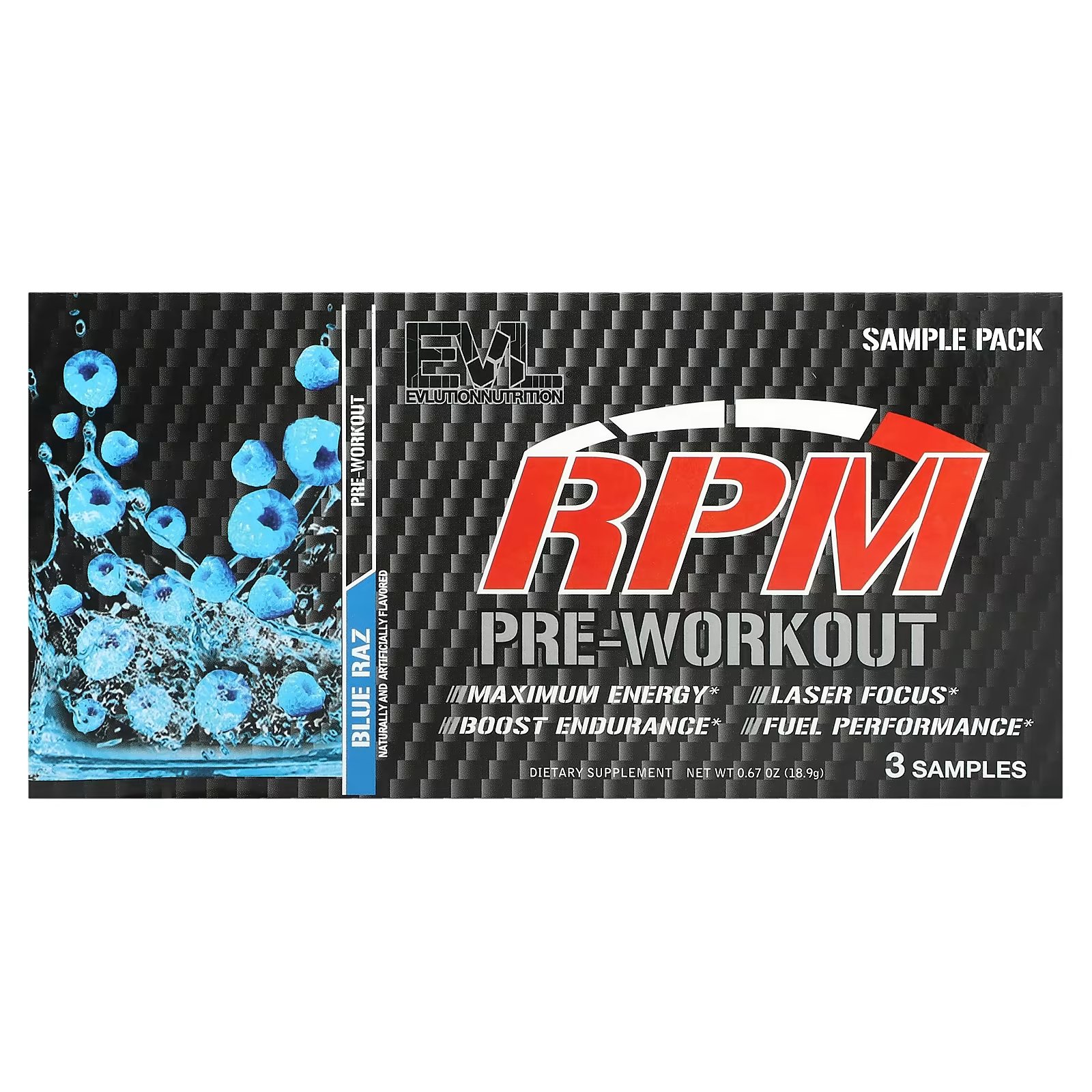 

Спортивная добавка EVLution Nutrition RPM предтренировочный комплекс пробная упаковка Blue Raz, 3 стикпака 18, 9г