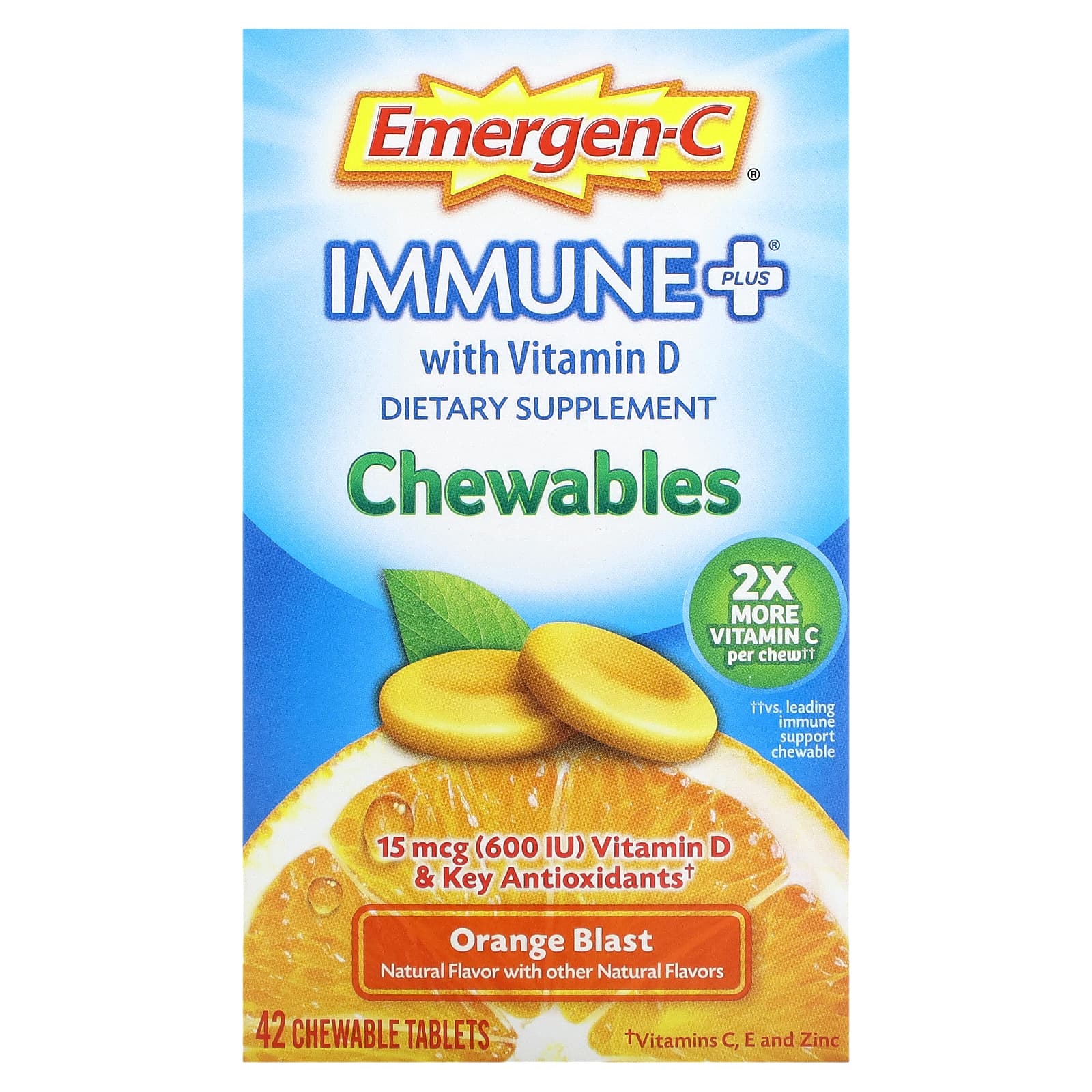 Alacer Emergen-C Immune + с витамином D Апельсиновый взрыв 42 таблетки emergen c immune plus с витамином d апельсиновый сок 42 жевательные таблетки