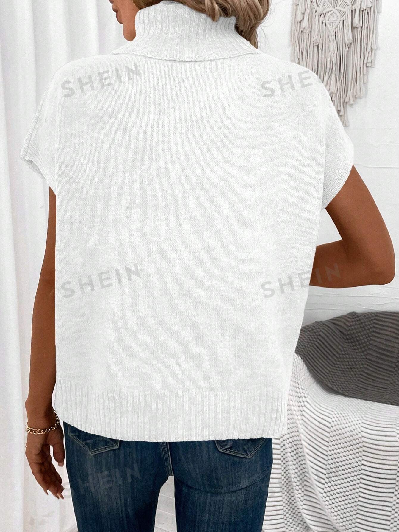 цена SHEIN LUNE однотонный повседневный свитер с рукавами «летучая мышь» и высоким воротом, белый