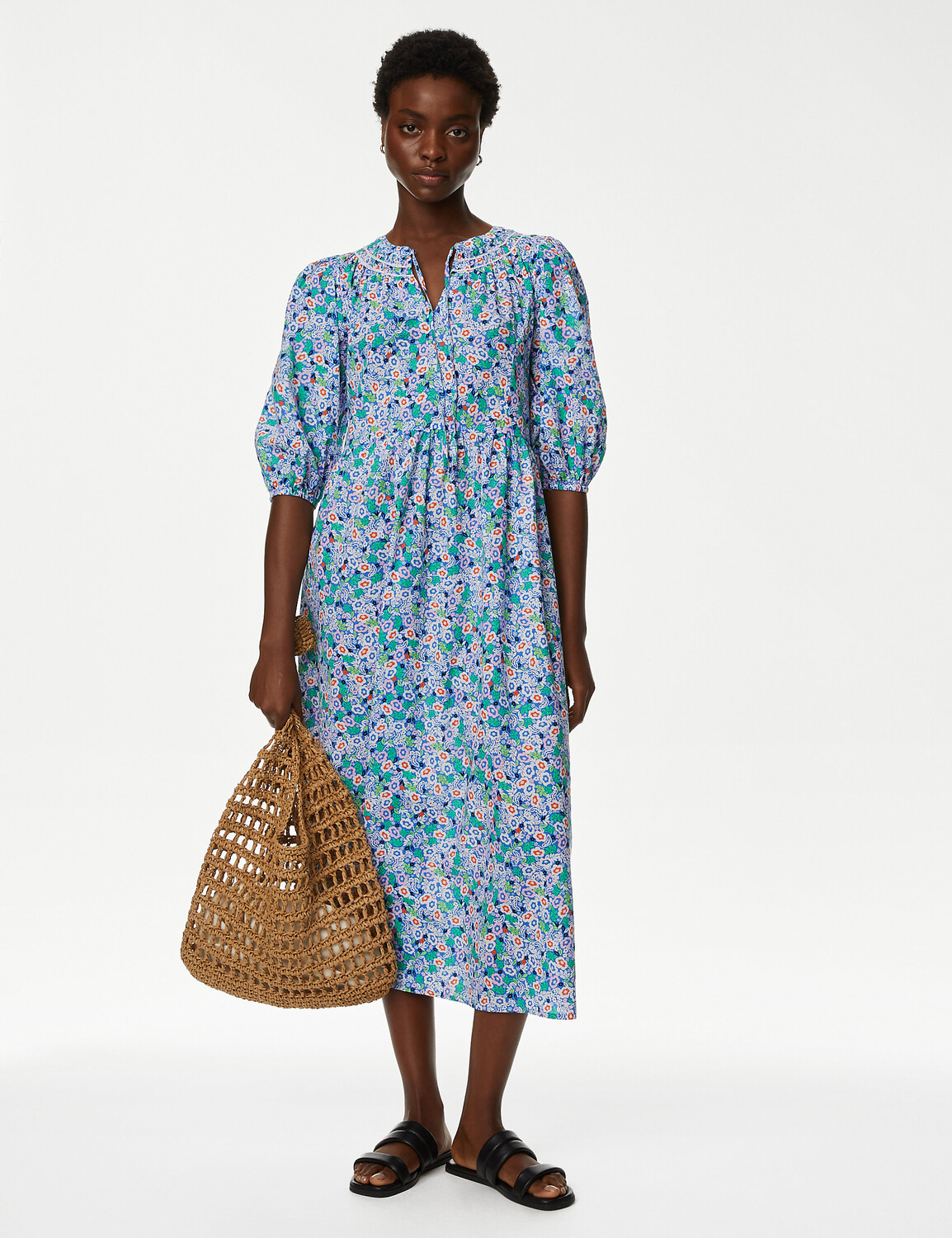 

Свободное платье миди из чистого хлопка с цветочным принтом Marks & Spencer, мульти
