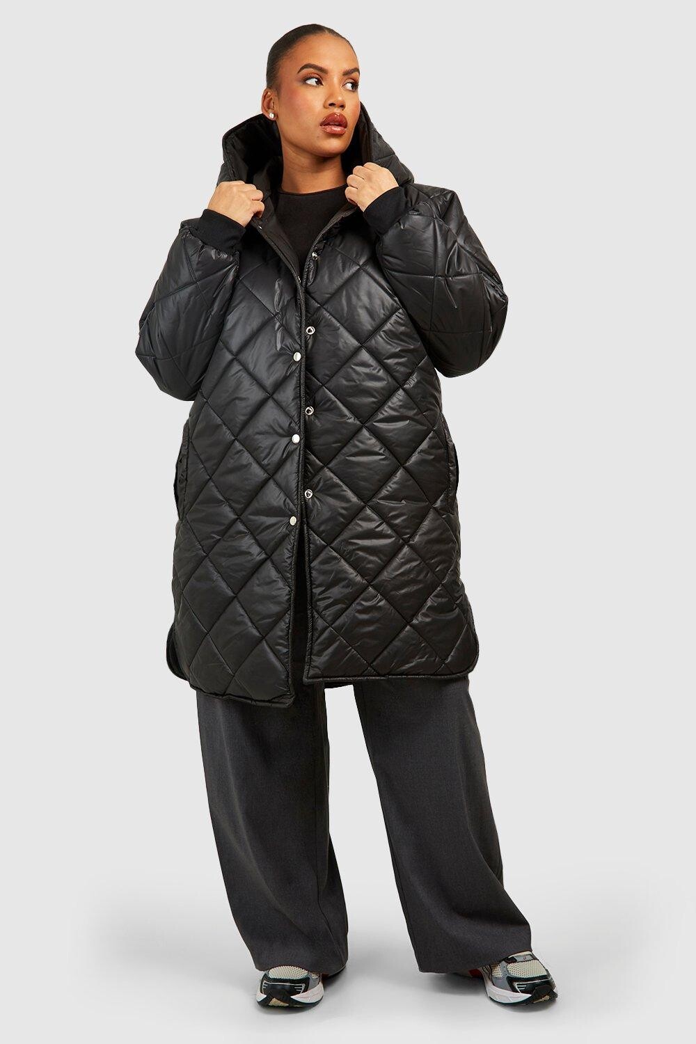 

Пуховик Plus Diamond Quilt с капюшоном boohoo, черный