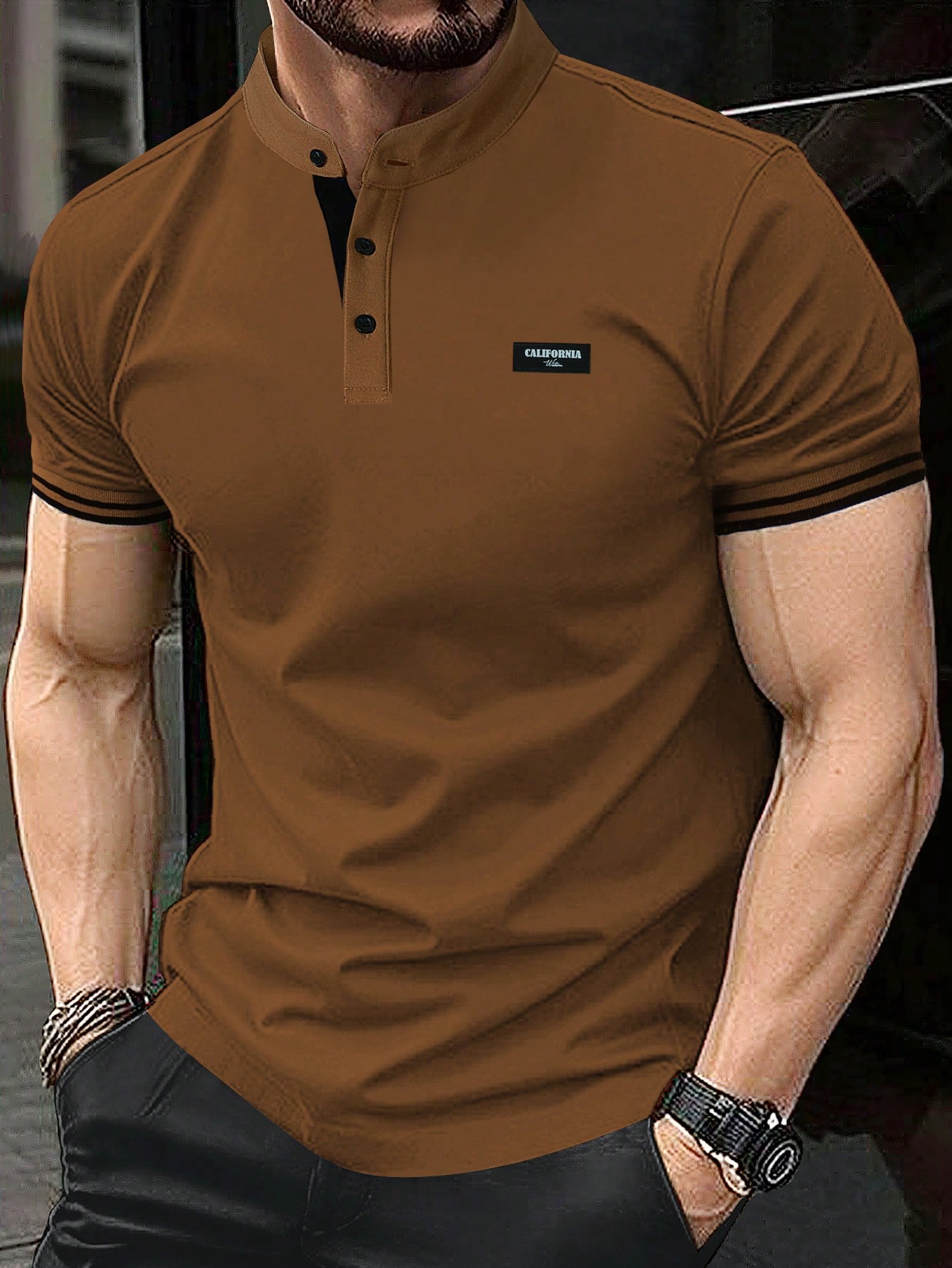 Мужская рубашка-поло с коротким рукавом и планкой на пуговицах Manfinity Homme, коричневый черная футболка поло с воротником стойкой bode