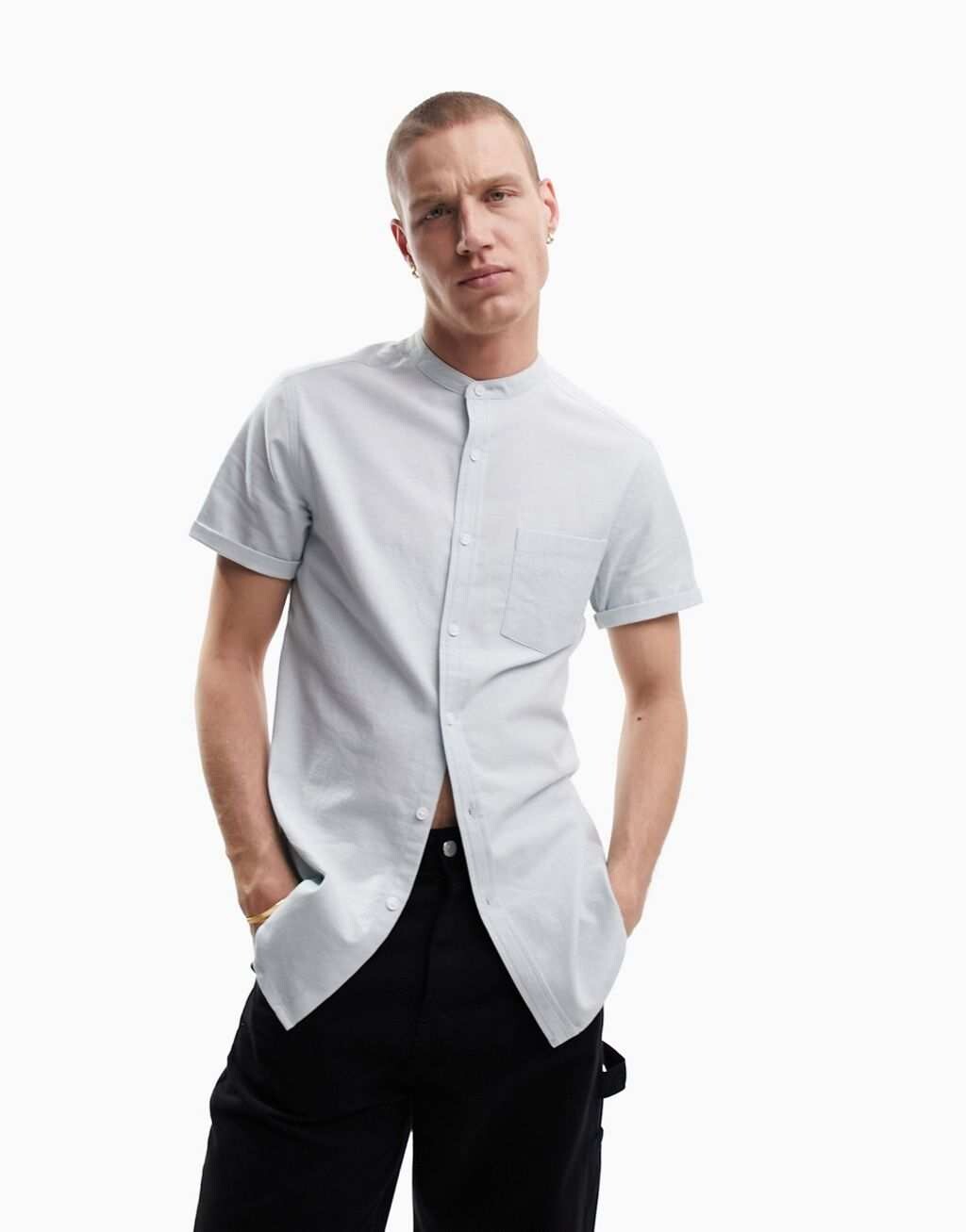 

Голубая оксфордская рубашка узкого кроя с вырезом «дедушка» ASOS DESIGN