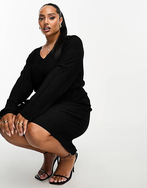 

Черное плиссированное платье мини с длинными рукавами Vero Moda Curve