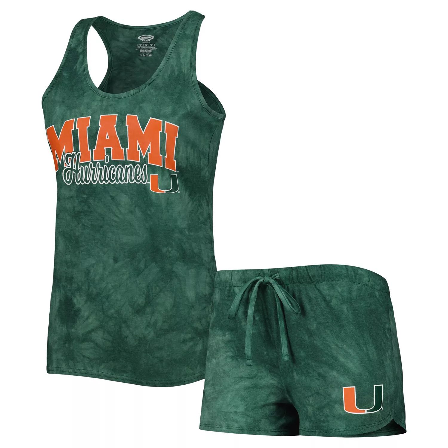 

Женский комплект для сна с майкой и шортами Concepts Sport Green Miami Hurricanes Billboard Tie-Dye