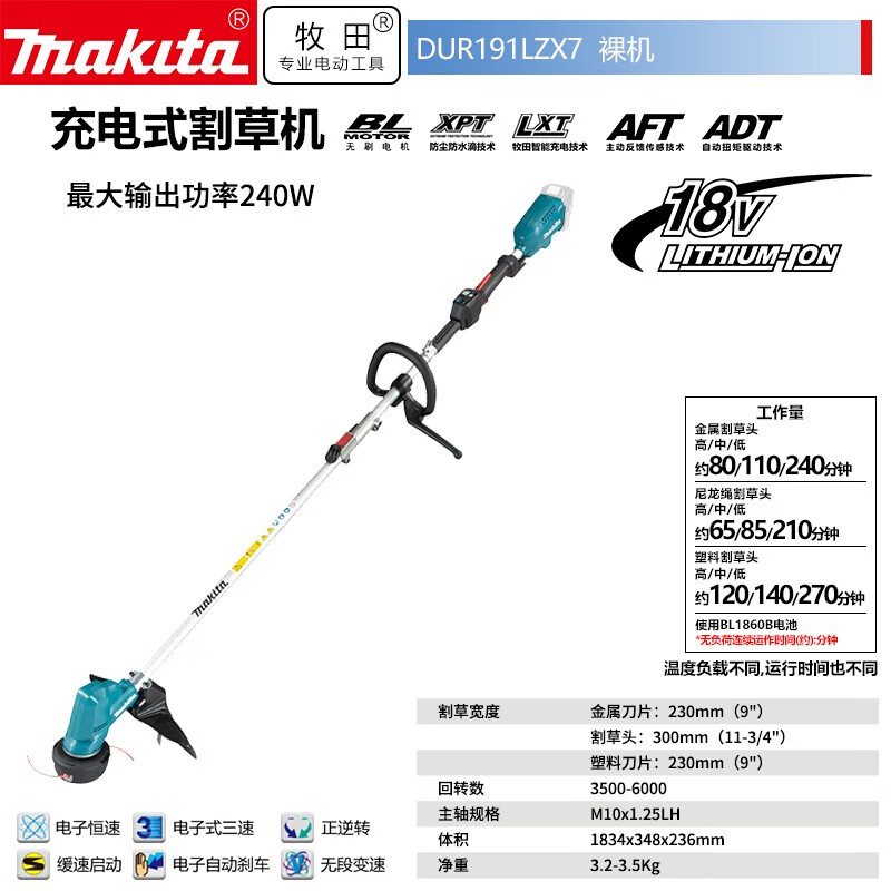 Makita DUR191LZX7, бесщеточная литиевая аккумуляторная газонокосилка, кусторез, кольцевая ручка, модель из голого металла