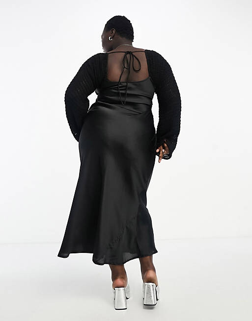 

Черное атласное платье макси с длинными рукавами и лифом ASOS DESIGN Curve, Черный