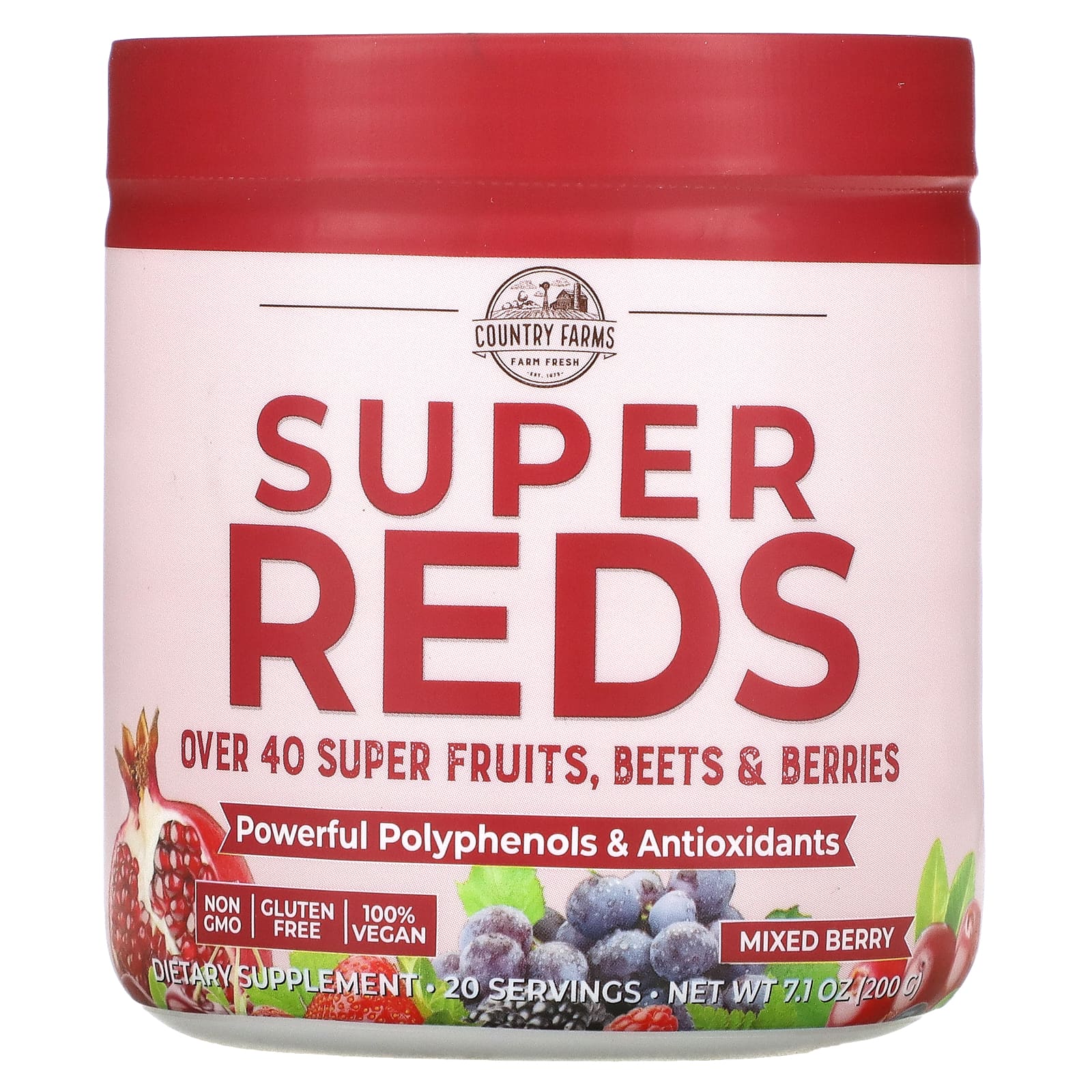 цена Country Farms Super Reds насыщающие энергией суперпродукты с полифенолами со вкусом ягод 7,1 унц. (200 г)