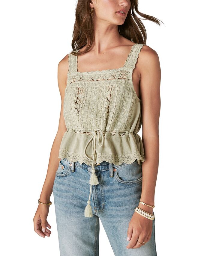 

Женская винтажная кружевная майка с вышивкой Lucky Brand, зеленый