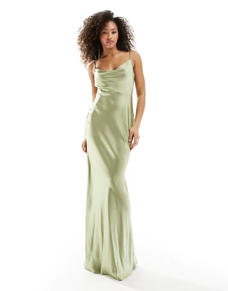 Оливковое атласное платье макси с воротником-хомутом Pretty Lavish Bridesmaid Keisha