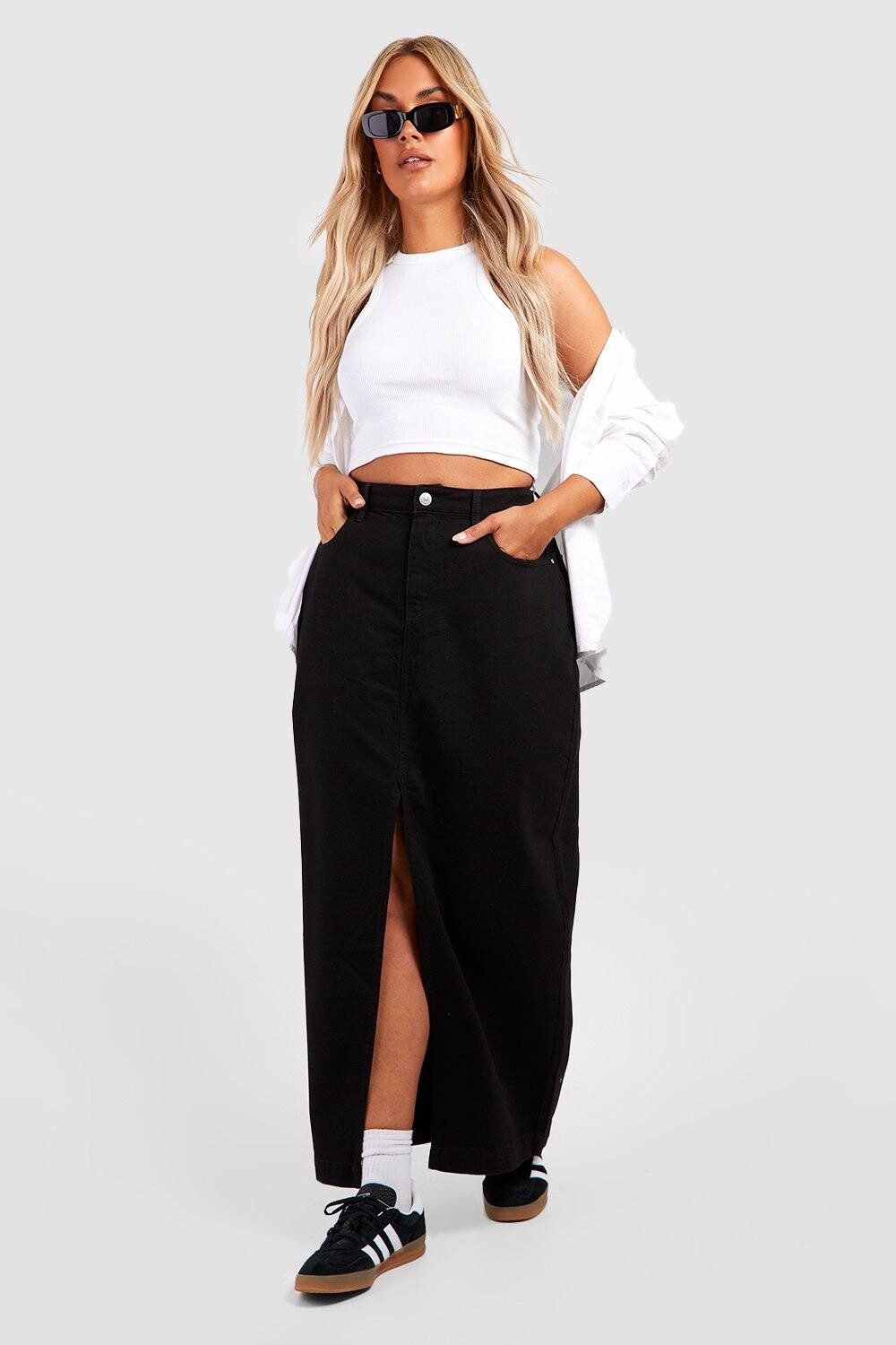 

Базовая джинсовая юбка plus с разрезами передней части Boohoo, черный