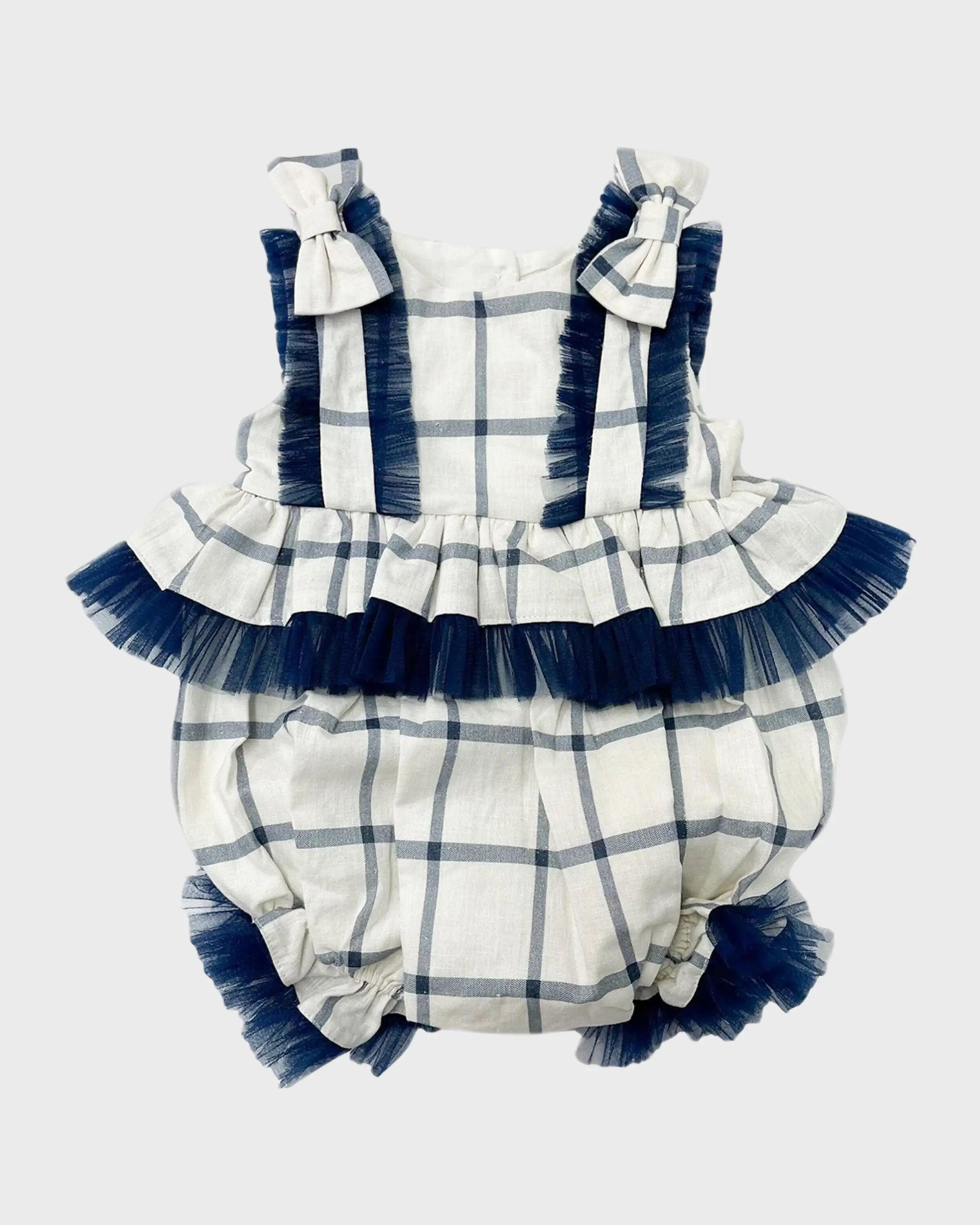 

Льняной комбинезон в клетку для девочек, размер 3M-4 Petite Maison Kids, цвет Navy Blue