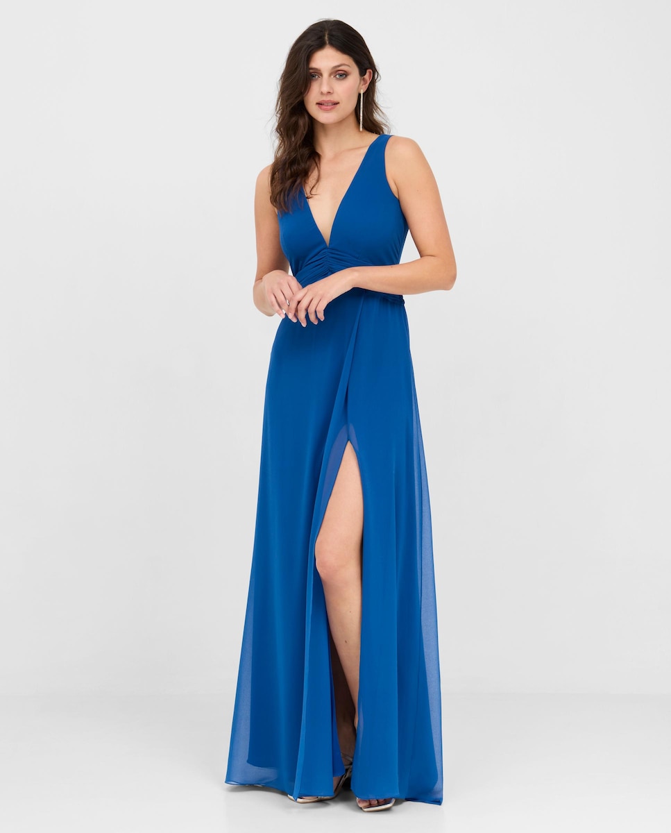 Длинное шифоновое платье с V-образным вырезом Veneno en la piel, синий шифоновое вечернее платье трапеция со шлейфом v образным вырезом и блестками
