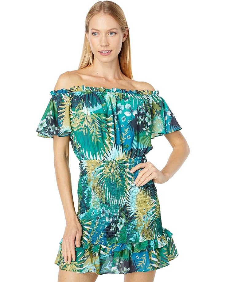 Платье Bebe Off-the-Shoulder Ruffle, цвет Jungle Palm