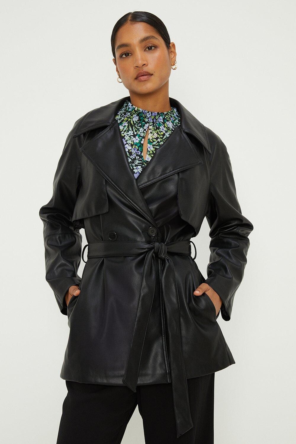 

Короткий тренч из искусственной кожи Dorothy Perkins, черный