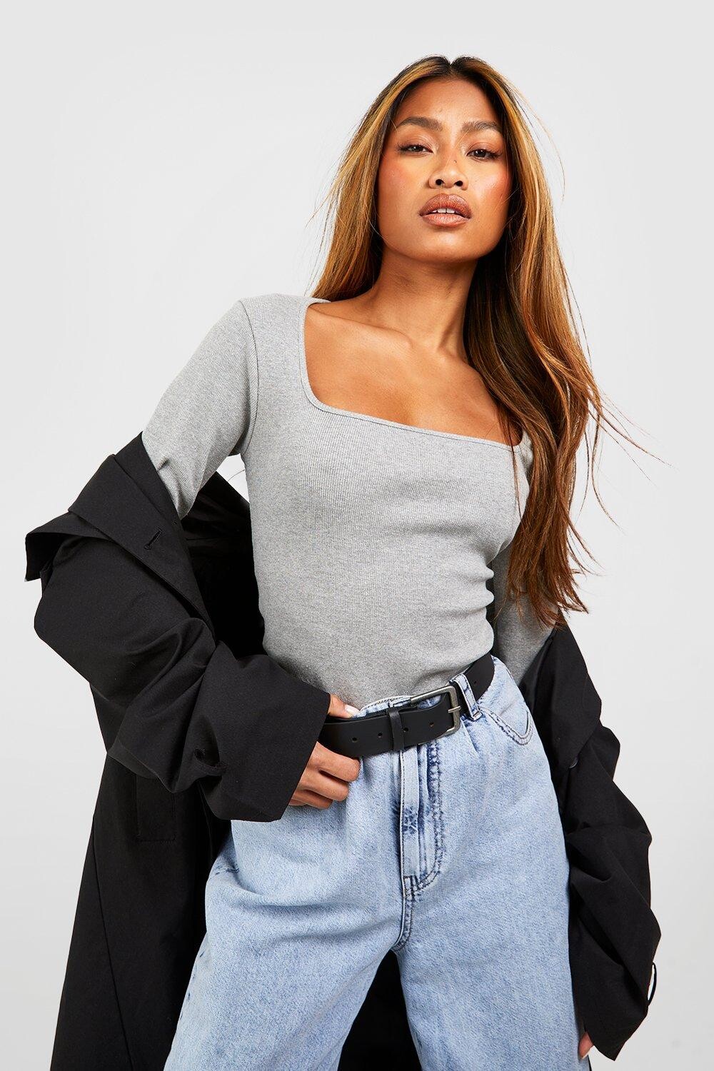 

Базовый боди с квадратным вырезом и длинными рукавами Boohoo, серый