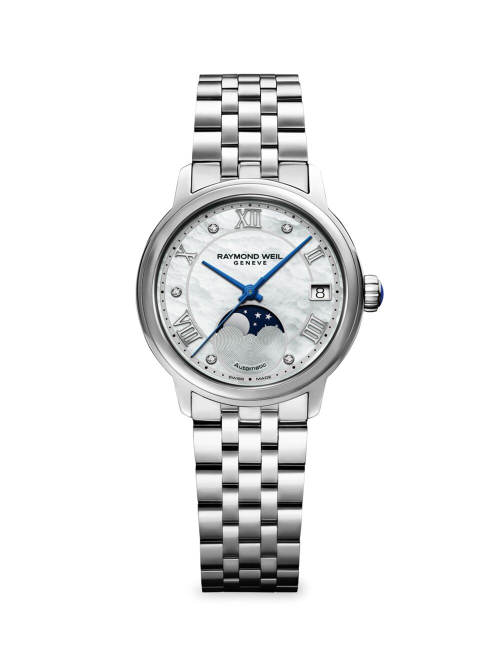 

Часы Maestro Moon Phase с браслетом из нержавеющей стали и бриллиантами Raymond Weil, серебряный