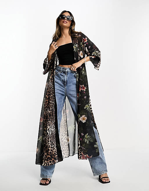 

Кимоно AllSaints Elsa Sara с леопардовыми вставками и цветочными вставками, Коричневый