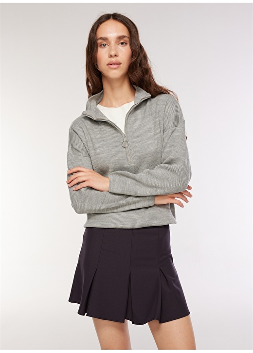 Однотонный серый меланжевый женский свитер с воротником-молнией Fabrika