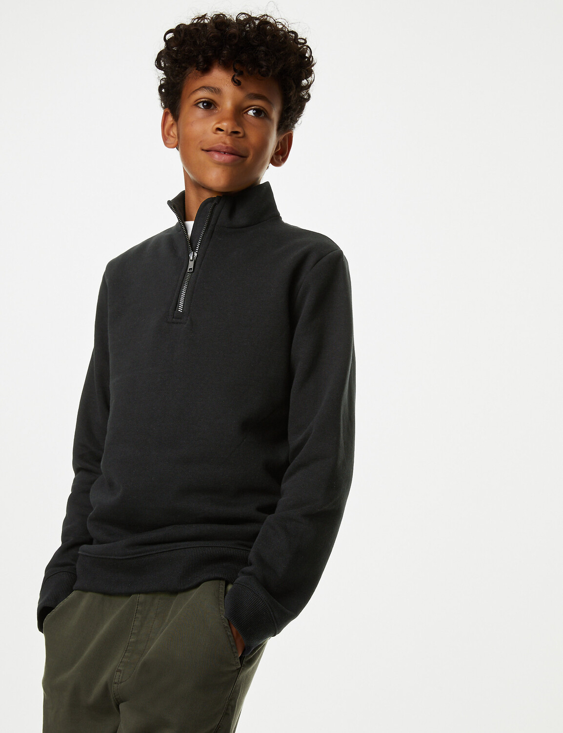 

Хлопковая толстовка на молнии до половины (6–16 лет) Marks & Spencer, черный