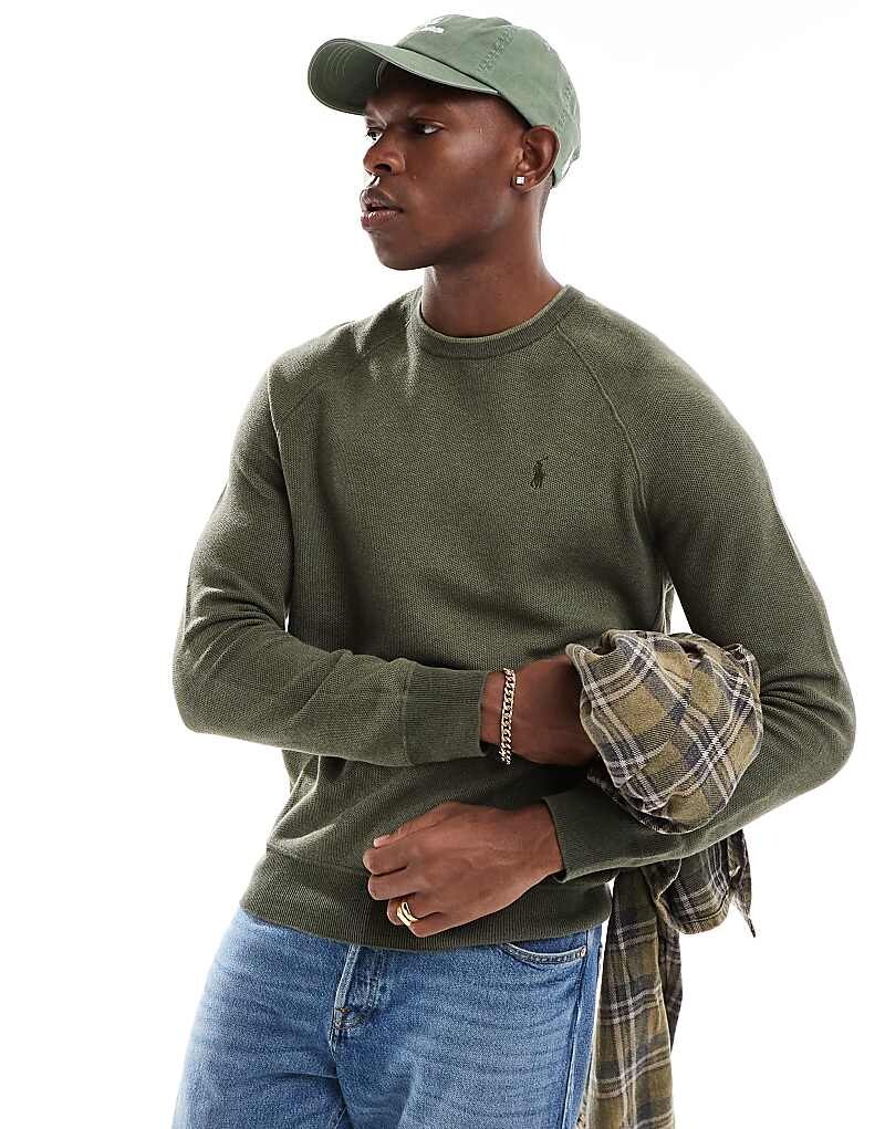 

Оливково-зеленый хлопковый вязаный свитер с логотипом Polo Ralph Lauren