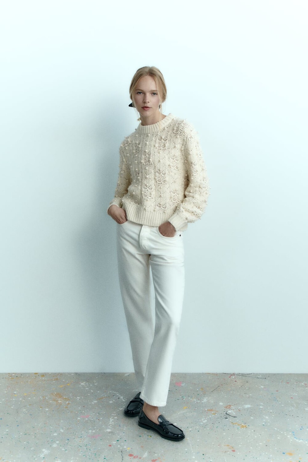 

Свитер фактурной вязки с жемчужными бусинами ZARA, экру