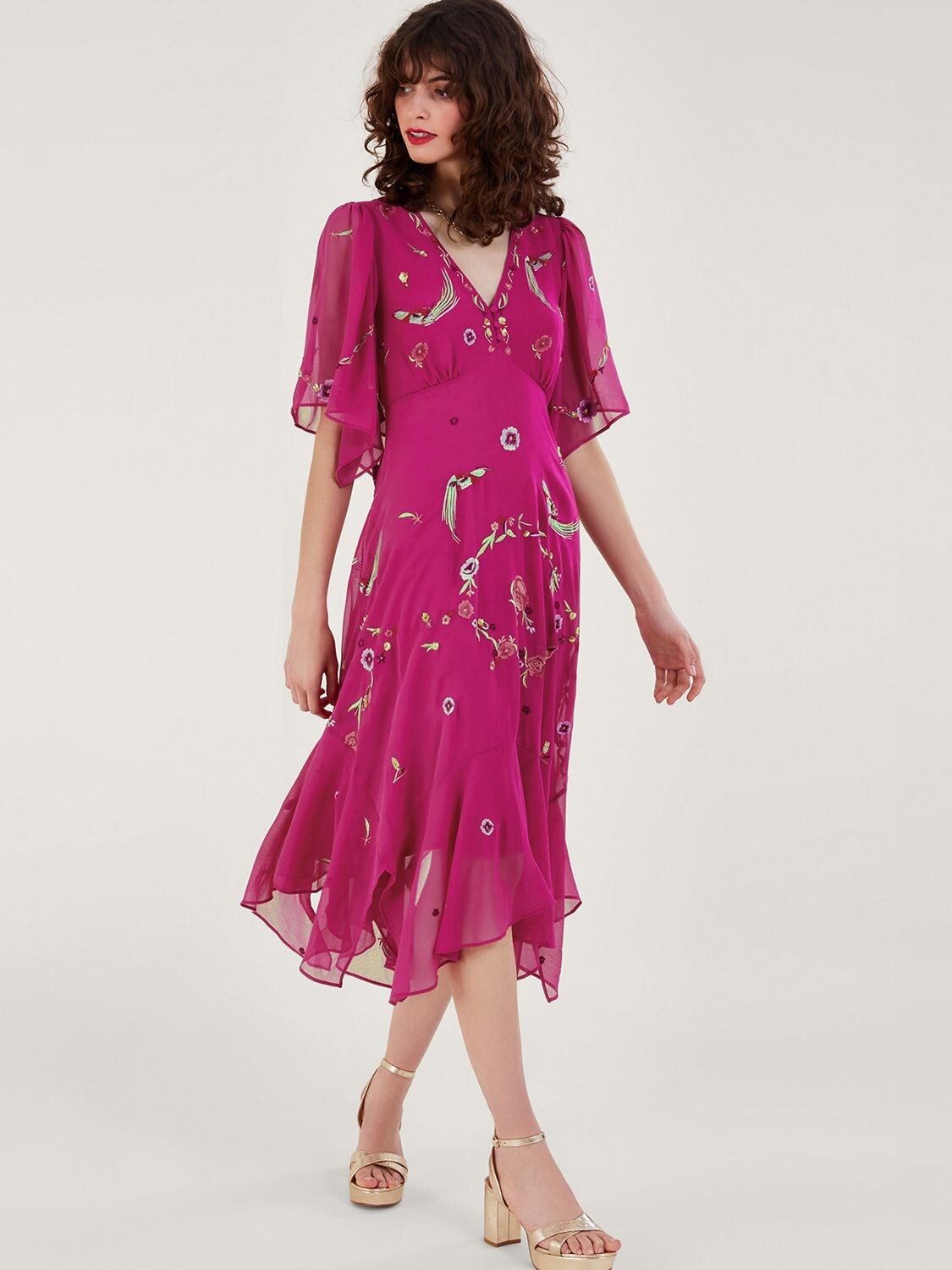

Платье миди Monsoon Jane Hanky Hem с вышивкой, розовое