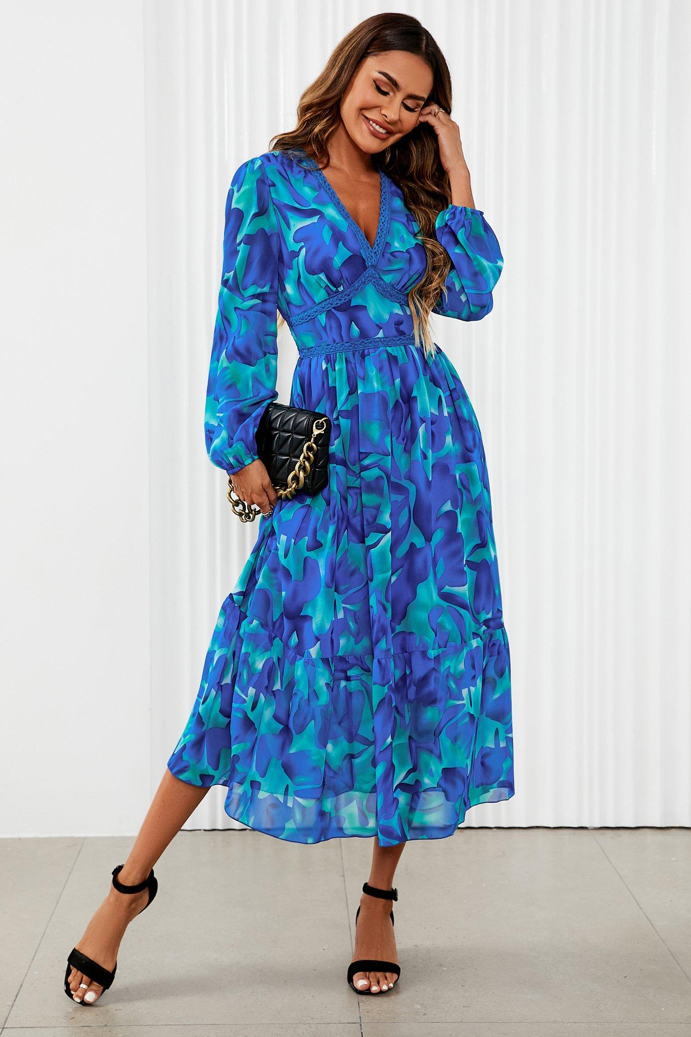 цена Синее платье макси с длинными рукавами и цветочным принтом FS Collection, синий