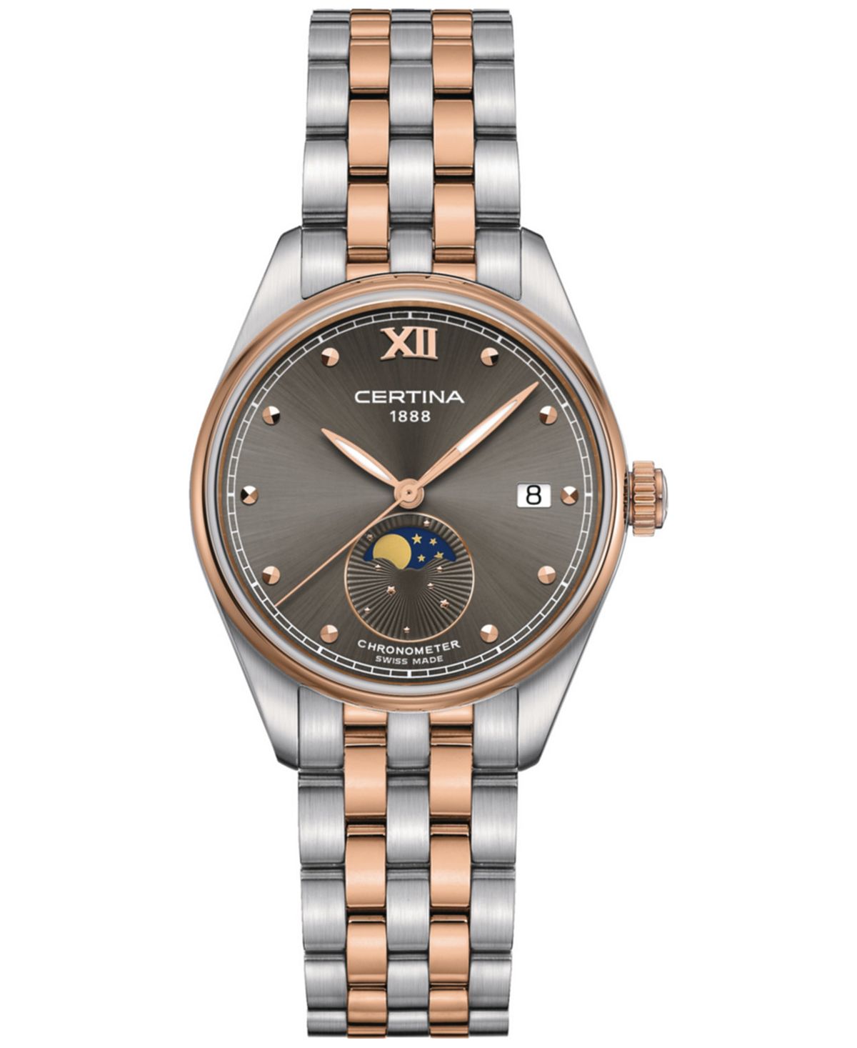 Женские швейцарские часы DS-8 с двухцветным браслетом из нержавеющей стали и фазой луны, 33 мм Certina, серый certina c610013396
