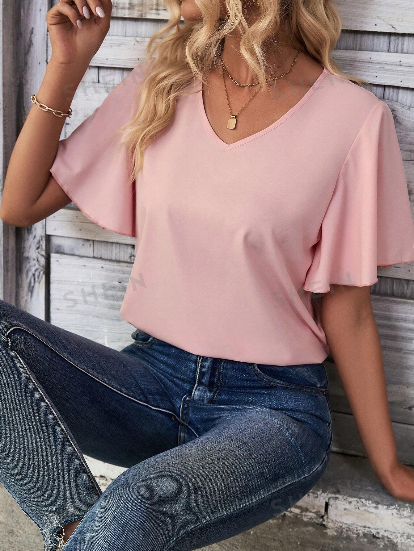 SHEIN LUNE Однотонная рубашка с V-образным вырезом и рукавами-бабочками, розовый женская блузка с открытыми плечами летняя ажурная рубашка с v образным вырезом топ в стиле харадзюку блузка клубничного цвета 2021