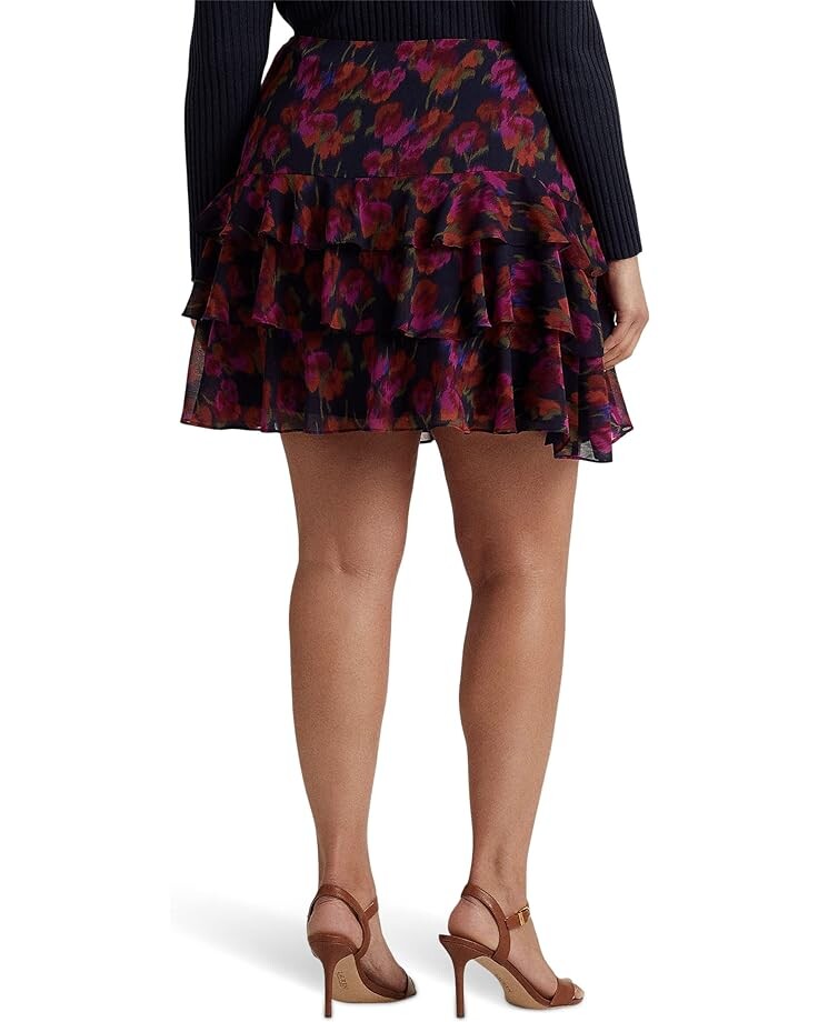 Юбка LAUREN Ralph Lauren Plus Size Floral Crinkle Georgette Tiered Skirt, синий мульти