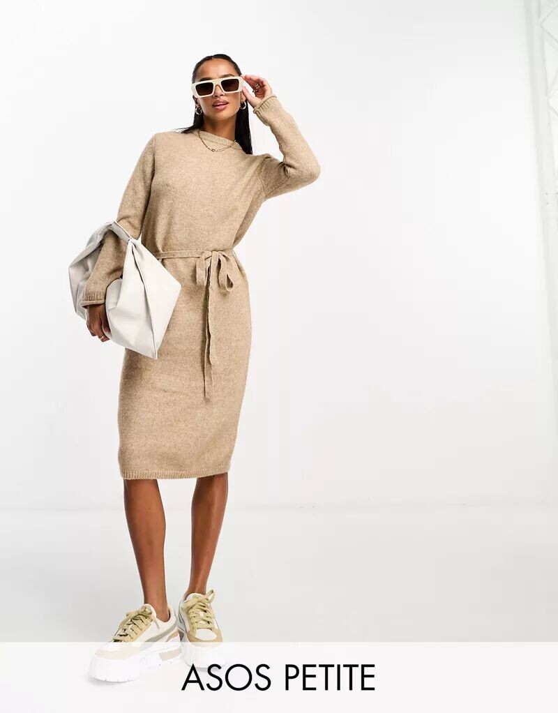 

Овсяное трикотажное платье миди с поясом ASOS DESIGN Petite