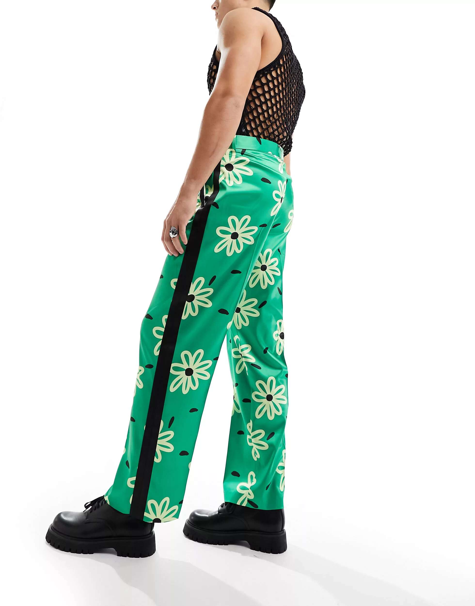 Зеленые широкие атласные брюки с цветочным принтом ASOS