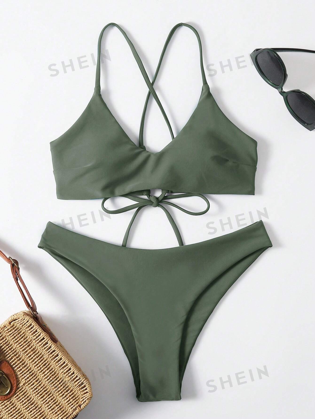 SHEIN Swim Basics Женский купальник бикини с лямками на спине, армейский зеленый