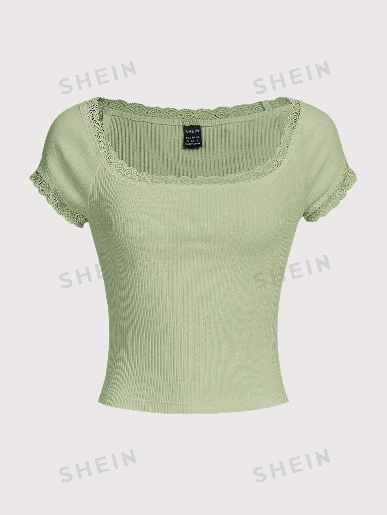 цена SHEIN Qutie Женская трикотажная футболка с короткими рукавами и кружевным краем, мятно-зеленый