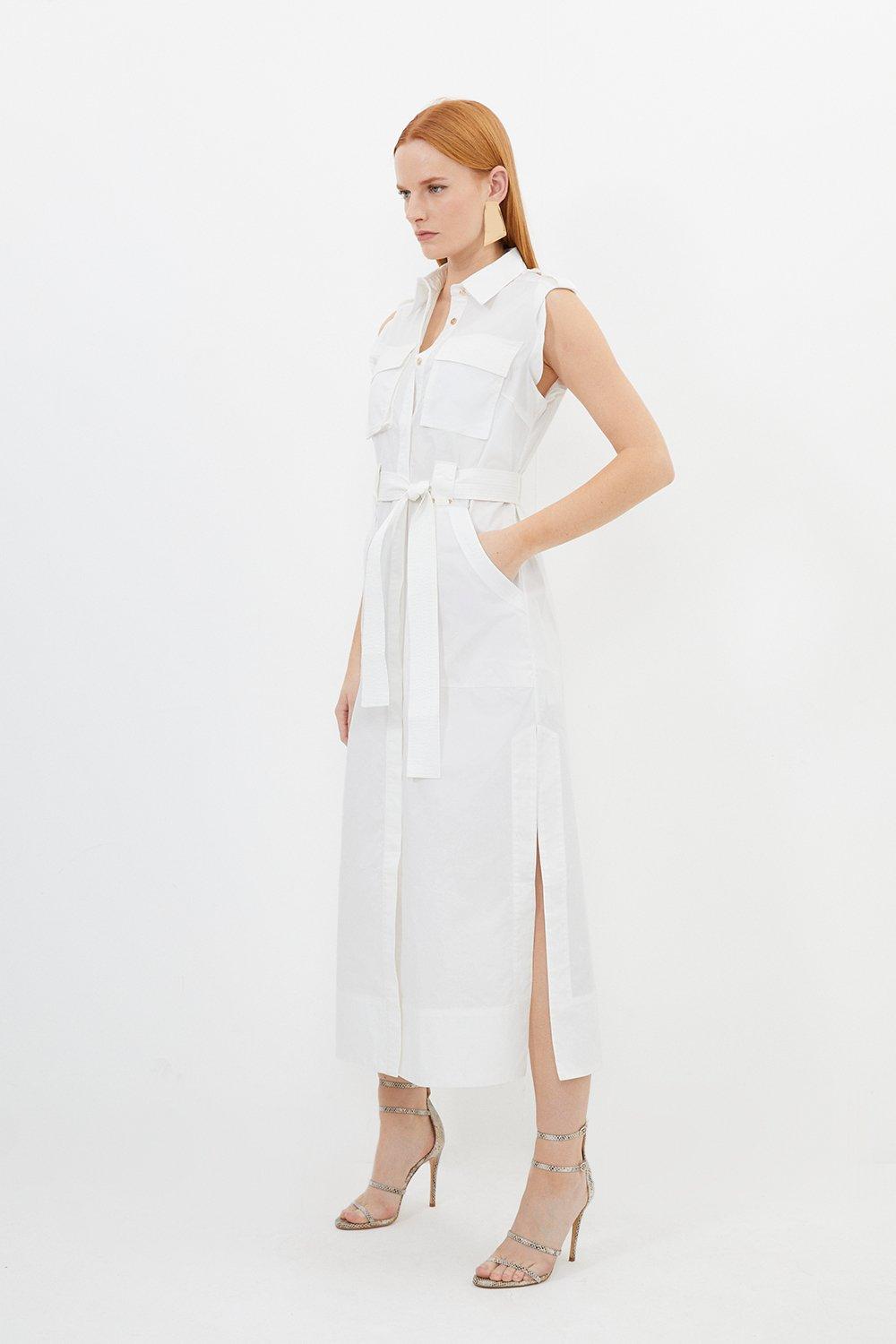 Тканое платье-рубашка макси из хлопкового сатина с карманами Karen Millen, белый цена и фото