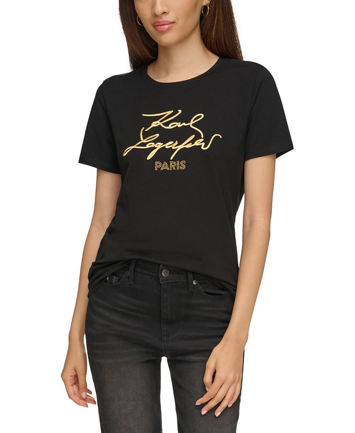 Женская футболка с металлизированным логотипом KARL LAGERFELD PARIS, черный karl lagerfeld мужская футболка с длинным рукавом и тисненым логотипом реглан karl lagerfeld paris черный