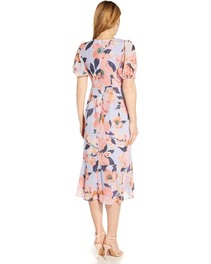 Платье Adrianna Papell Printed Floral Chiffon Clip Dot Side Cascade Dress, цвет Opal Coral Multi