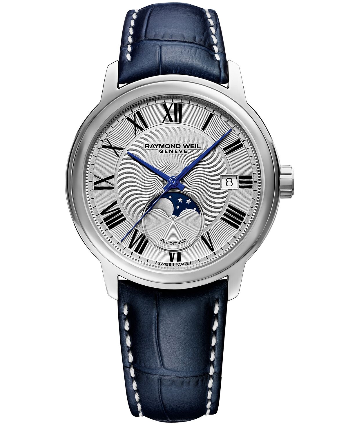 

Мужские швейцарские часы Maestro Moonphase темно-синий кожаный ремешок 39,5 мм Raymond Weil