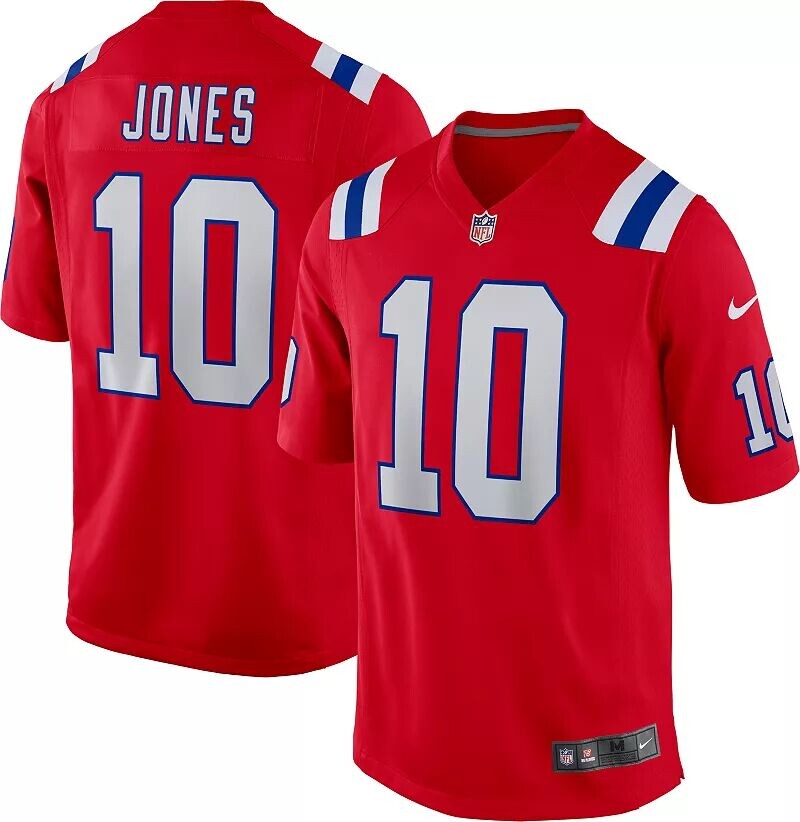 

Мужская футболка Nike New England Patriots Mac Jones № 10 альтернативного красного игрового цвета