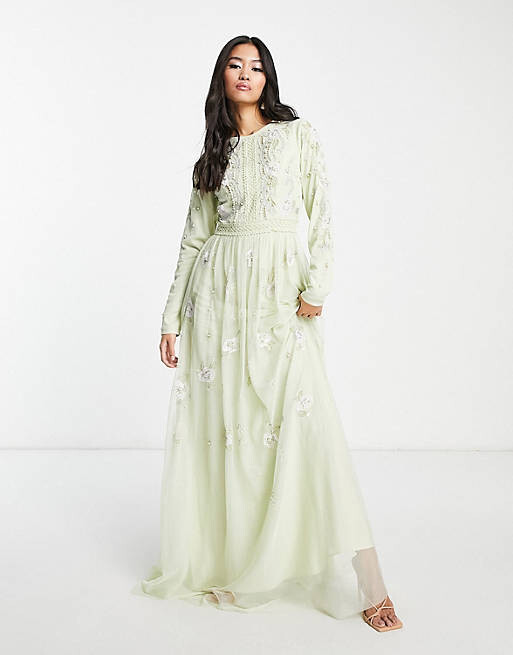 

Платье макси цвета шалфея с длинными рукавами и цветочной вышивкой ASOS DESIGN Bridesmaid Bridesmaid