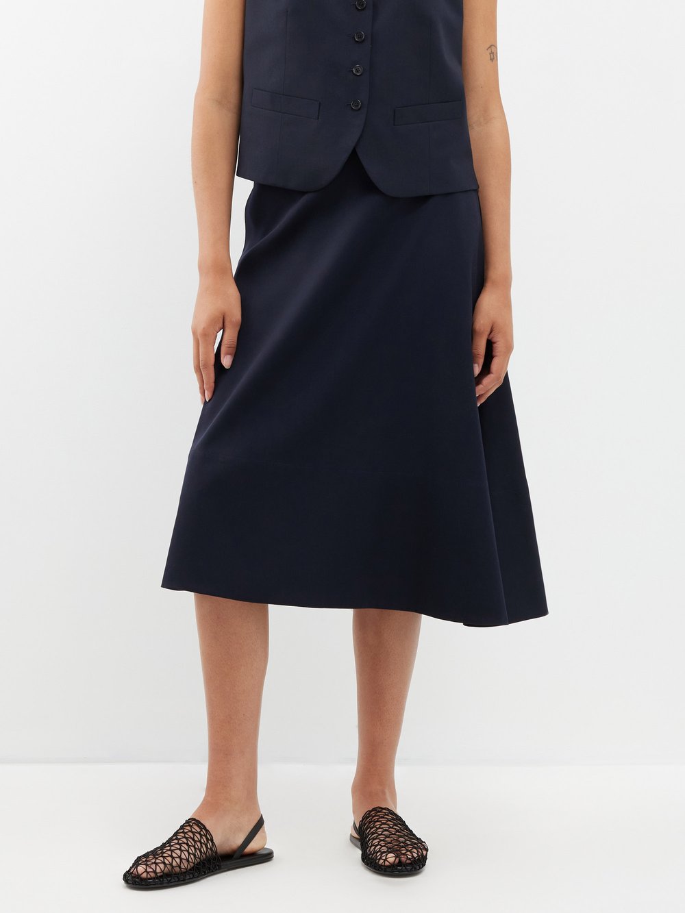 Асимметричная расклешенная юбка миди из шерстяного твила Jil Sander, синий цена и фото