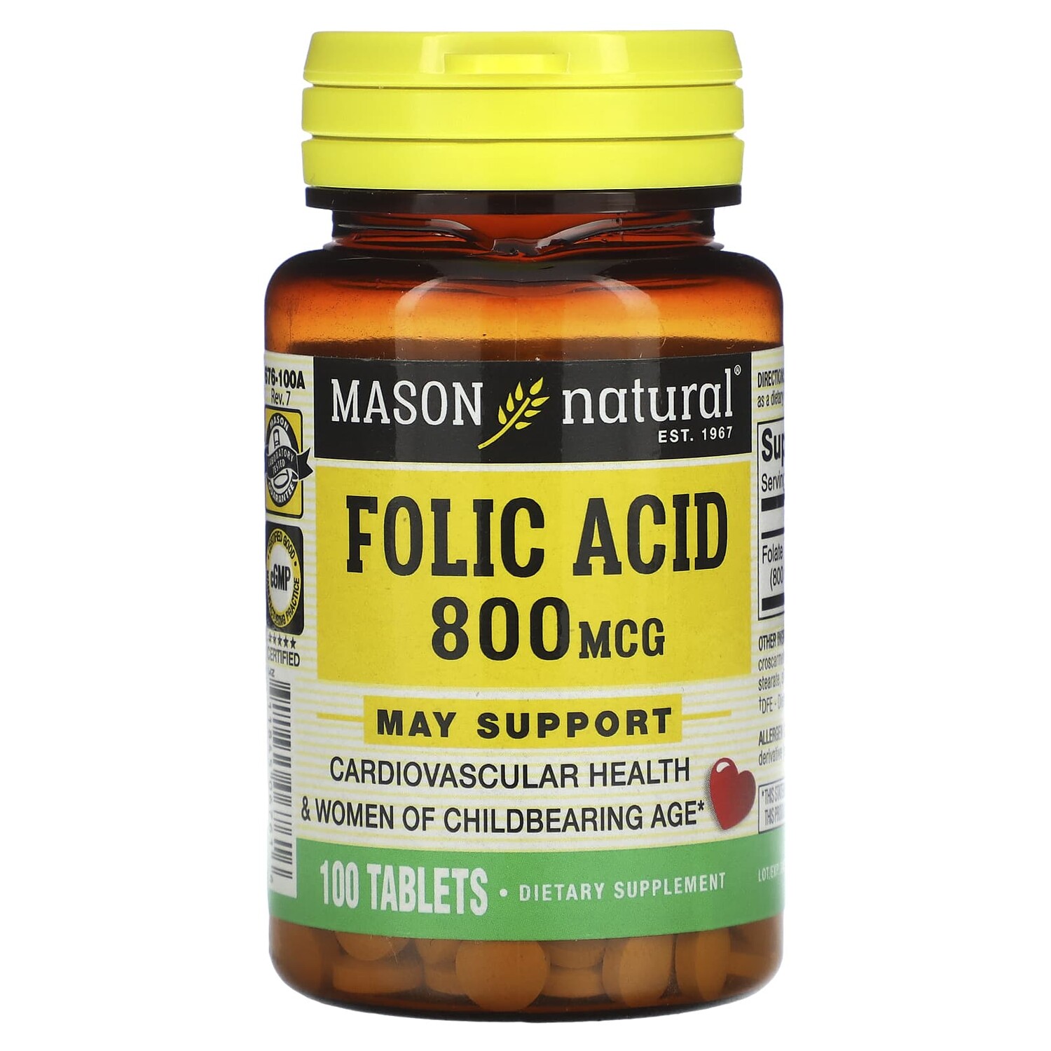 

Фолиевая кислота, 800 мкг, 100 таблеток, Mason Natural