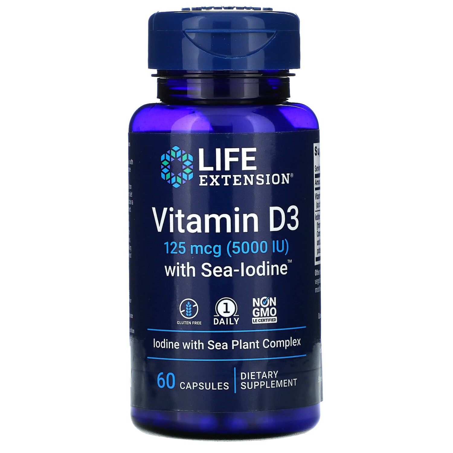 

Витамин D3 с Sea-Iodine, 125 мкг (5000 МЕ), 60 капсул, Life Extension