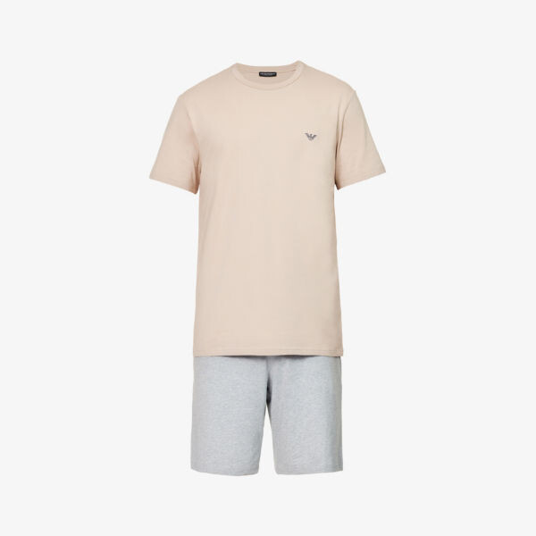 

Пижамный комплект из эластичного хлопка с фирменным принтом в клетку Emporio Armani, цвет corda/grigio melange